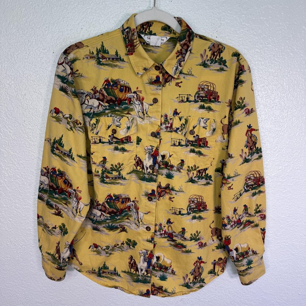 Vintage Sharon Young Shirt Womens 8 Western Cowboy Horse Print Button Up Cotton